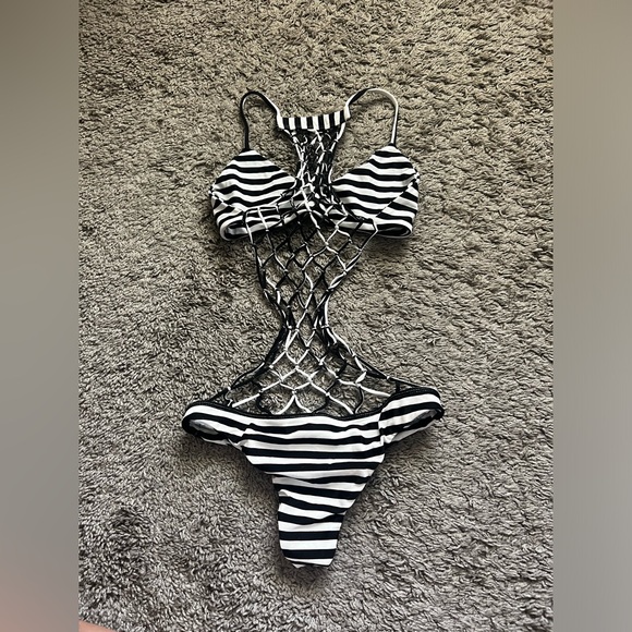 MIKOH Swimwear Xavier Crochet Back One Piece in Black/White Stripe - Picture 3 of 9